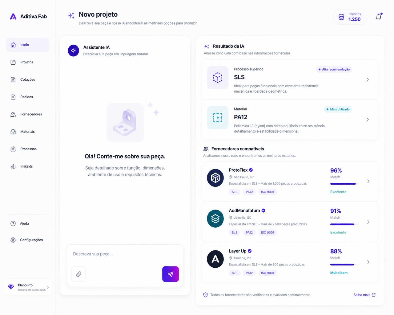Interface da plataforma Aditiva Fab mostrando análise de IA e fornecedores compatíveis